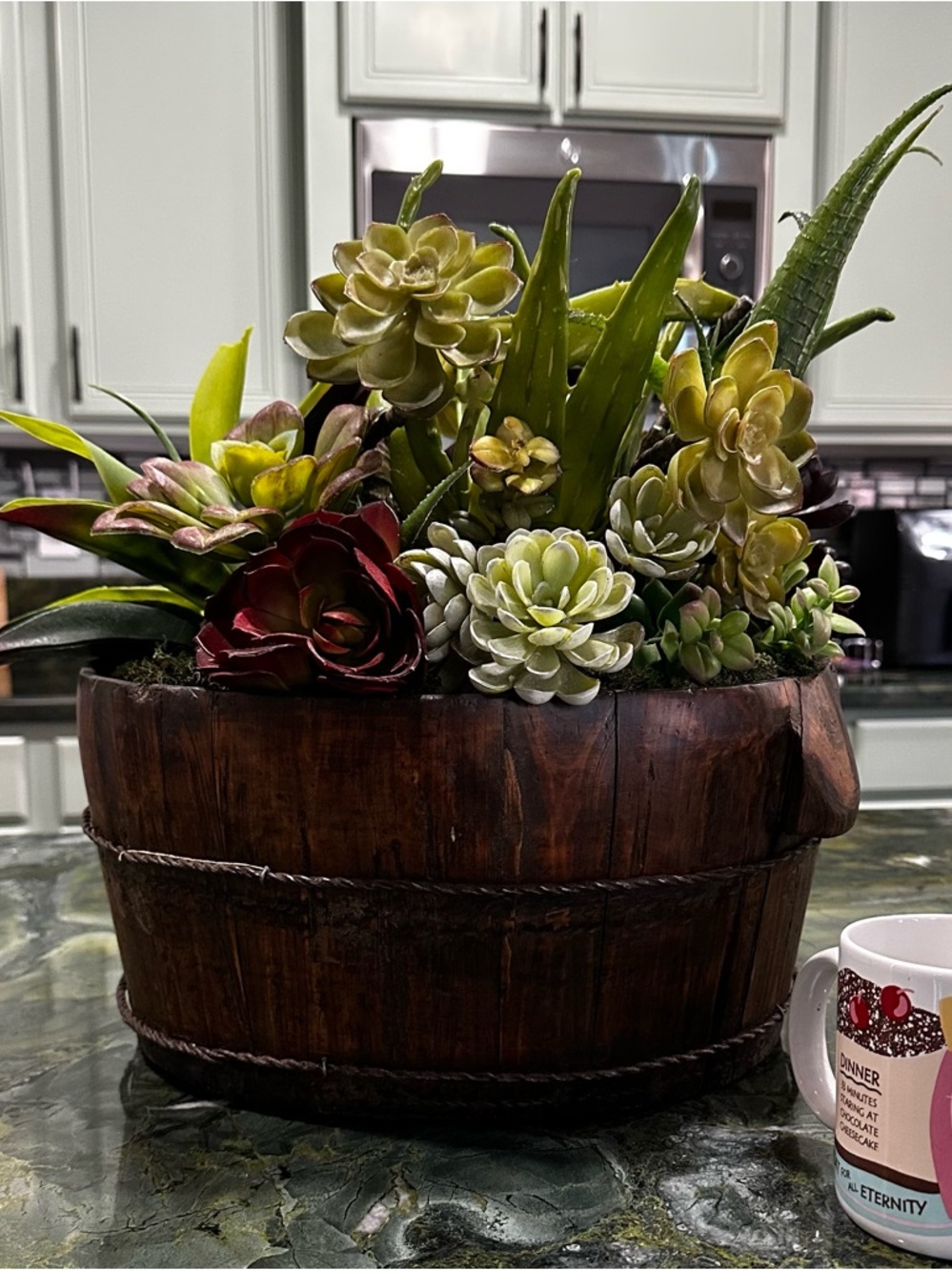 Succulent Barrel Arrangement -Green & Red Large rustic wood barrel planter 15x16